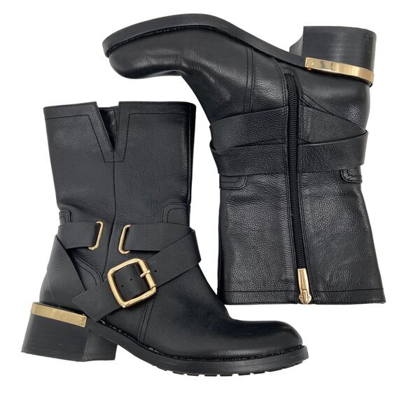 Vince Camuto Boots Womens 6 Black Leather Mid Calf Moto Harness Side Zip - Picture 2 of 13